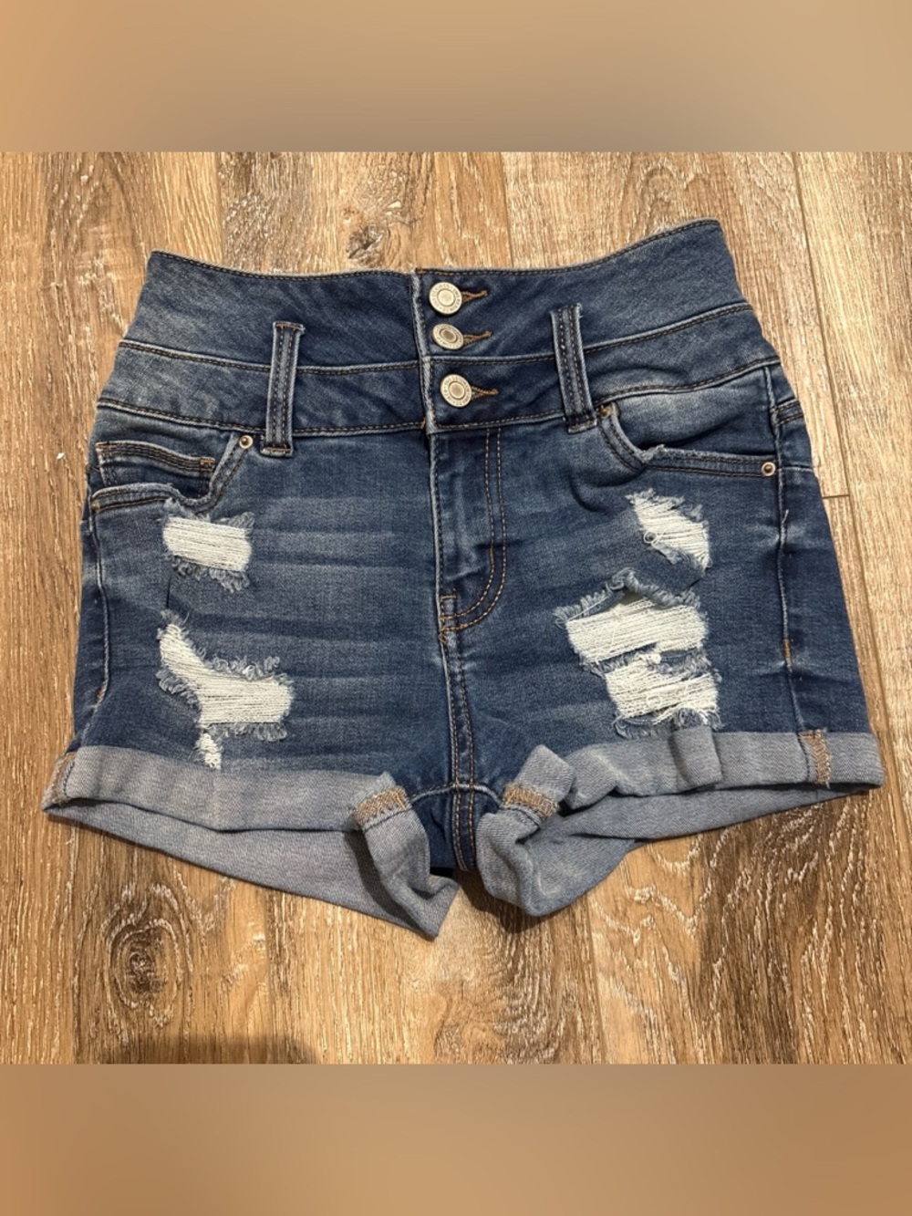 Women's High-Rise Distressed Denim Jean Shorts in Dark Blue